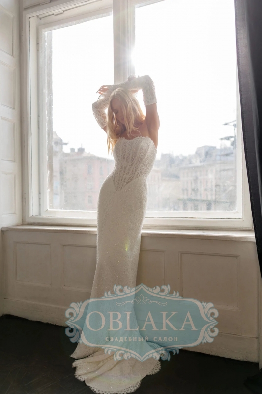 Мереживна весільна сукня русалка з рукавами Penelope